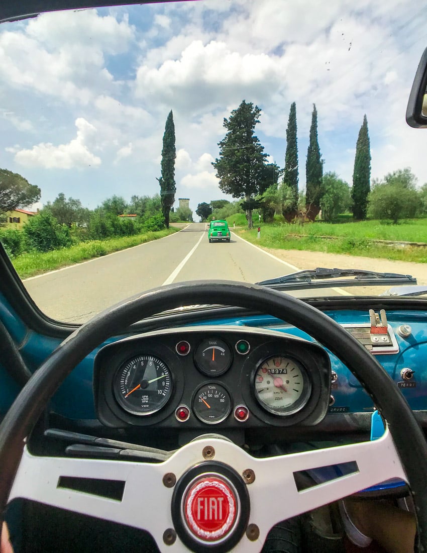 Driving a vintage Fiat 500 during Chianti Wine Tour