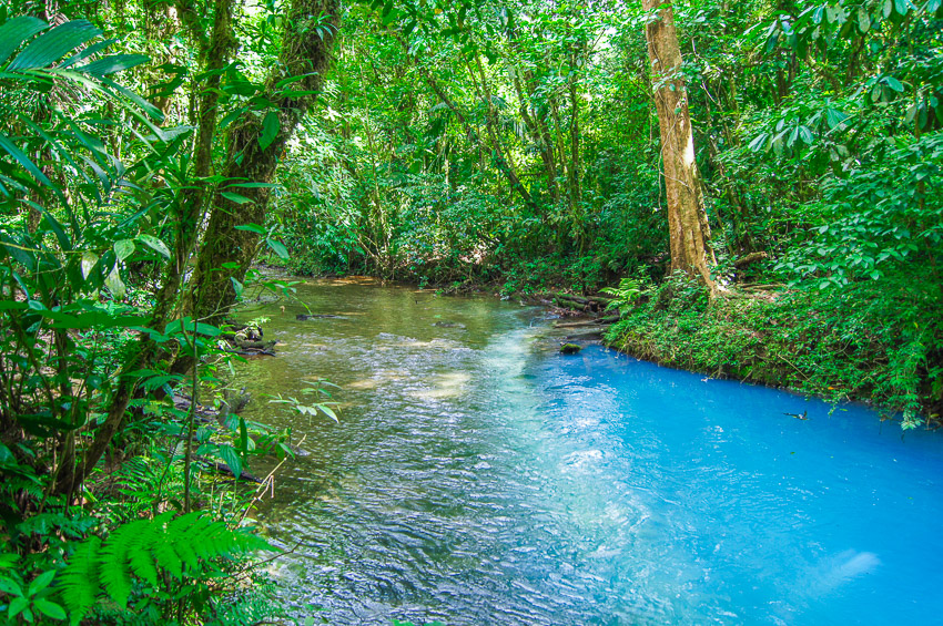 Rio Celeste rivers meeting and water turning bright blue